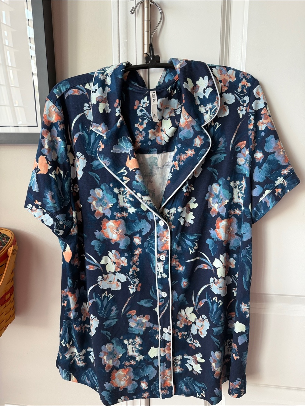 Soma Cool Nights Navy Floral Pajama Top with Coral Accents